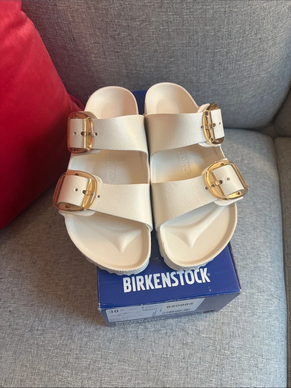 Birkenstock White Arizona EVA Sandals with Gold Buckles - Picture 1 of 3